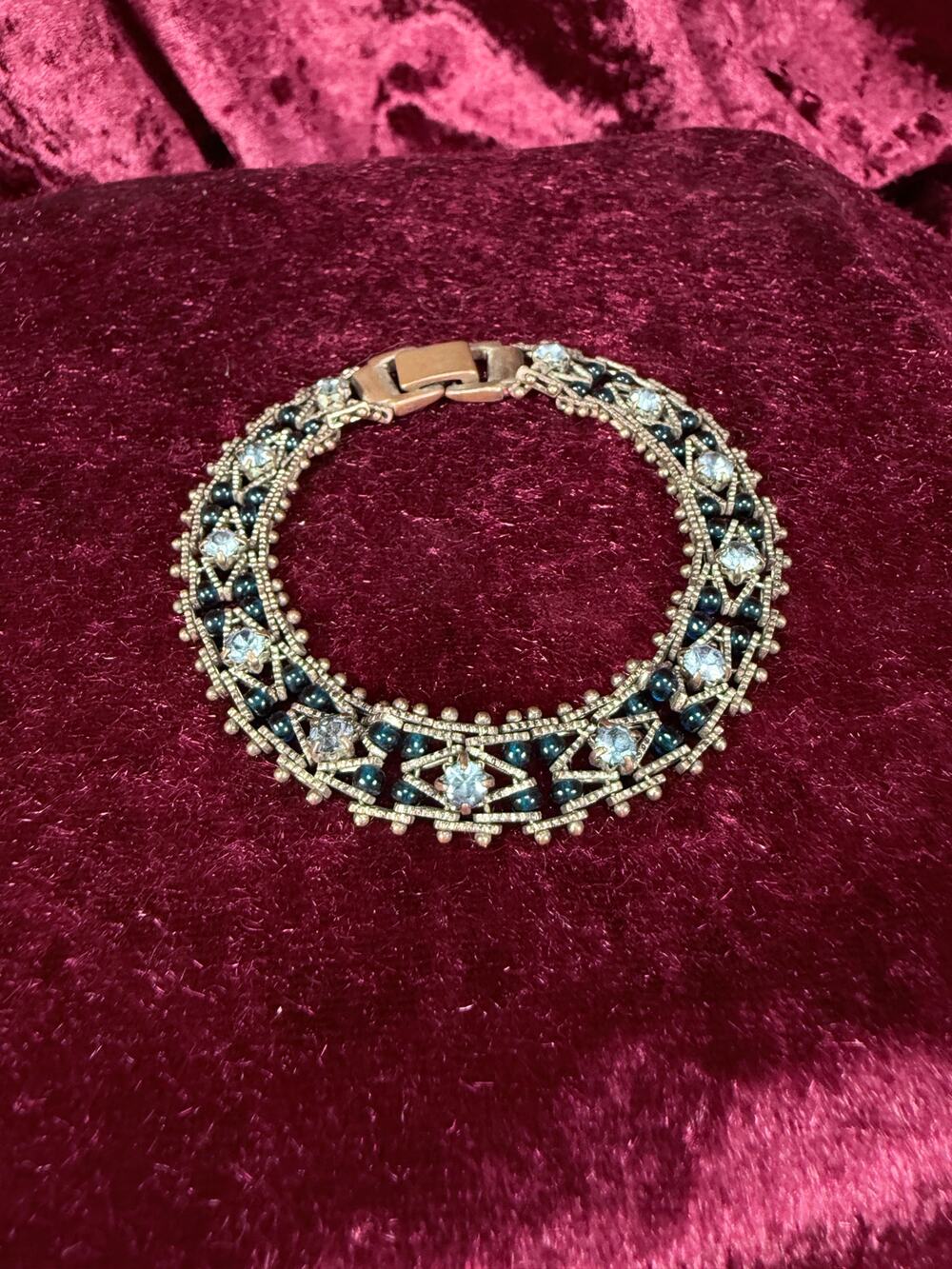 Vintage Silver Tone Rhinestone Bracelet - Two Tone Blue Crystal Beaded Design